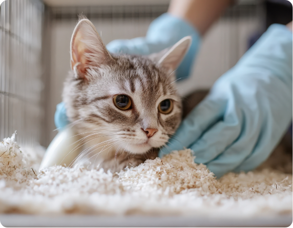Vet gently examining a cat lying on soft bedding.